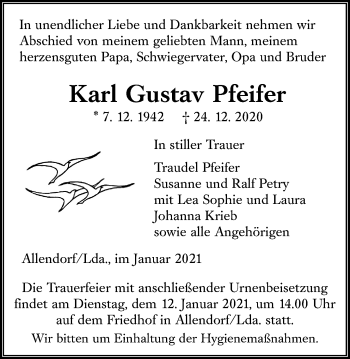 Traueranzeige von Karl Gustav Pfeifer von Giessener Allgemeine, Alsfelder Allgemeine