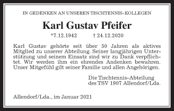 Traueranzeige von Karl Gustav Pfeifer von Giessener Allgemeine, Alsfelder Allgemeine