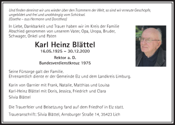 Traueranzeige von Karl Heinz Blättel von Licher Wochenblatt