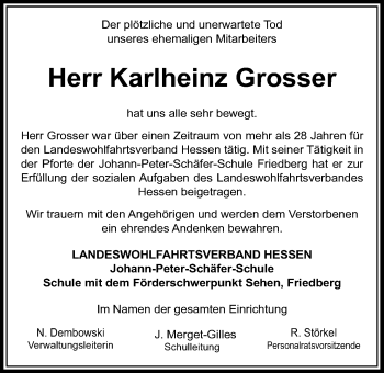 Traueranzeige von Karlheinz Grosser von Wetterauer Zeitung