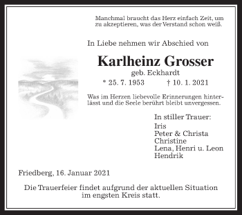 Traueranzeige von Karlheinz Grosser von Wetterauer Zeitung