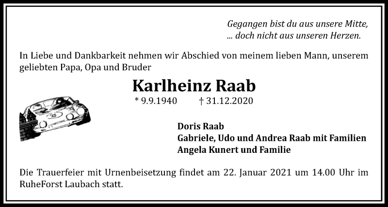  Traueranzeige für Karlheinz Raab vom 14.01.2021 aus Licher Wochenblatt