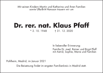 Traueranzeige von Klaus Pfaff von Giessener Allgemeine, Alsfelder Allgemeine
