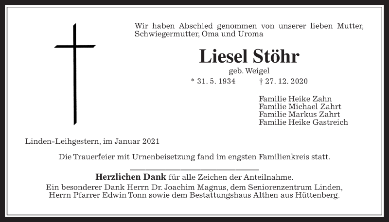  Traueranzeige für Liesel Stöhr vom 08.01.2021 aus Giessener Allgemeine, Alsfelder Allgemeine