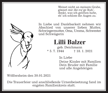 Traueranzeige von Lilli Balzer von Wetterauer Zeitung