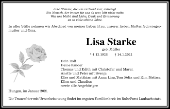 Traueranzeige von Lisa Starke von Licher Wochenblatt