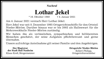 Traueranzeige von Lothar Jekel von Wetterauer Zeitung