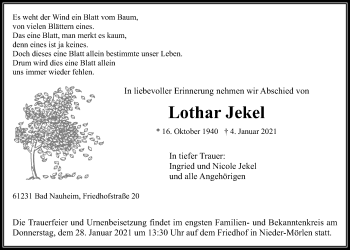 Traueranzeige von Lothar Jekel von Wetterauer Zeitung