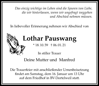 Traueranzeige von Lothar Pauswang von Bad Vilbel/Karben