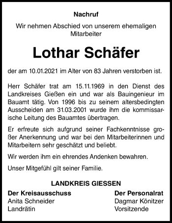 Traueranzeige von Lothar Schäfer von Giessener Allgemeine, Alsfelder Allgemeine