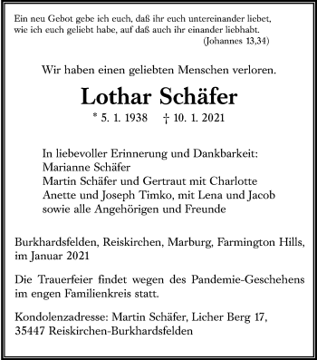 Traueranzeige von Lothar Schäfer von Giessener Allgemeine, Alsfelder Allgemeine