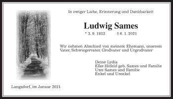 Traueranzeige von Ludwig Sames von Giessener Allgemeine, Alsfelder Allgemeine