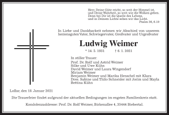 Traueranzeige von Ludwig Weimer von Giessener Allgemeine, Alsfelder Allgemeine