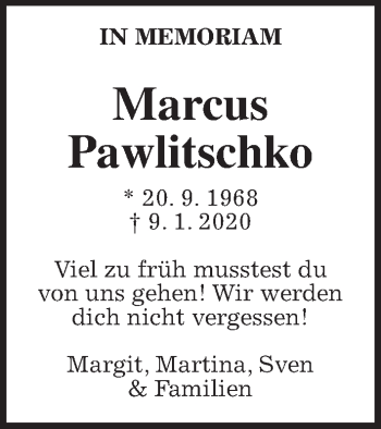 Traueranzeige von Marcus Pawlitschko von Giessener Allgemeine, Alsfelder Allgemeine