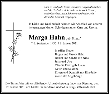 Traueranzeige von Marga Hahn von Bad Vilbel/Karben