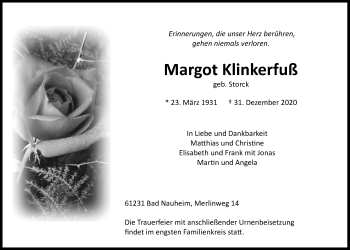 Traueranzeige von Margot Klinkerfuß von Wetterauer Zeitung