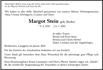 Traueranzeige von Margot Stein von Giessener Allgemeine, Alsfelder Allgemeine