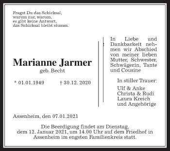 Traueranzeige von Marianne Jarmer von Wetterauer Zeitung