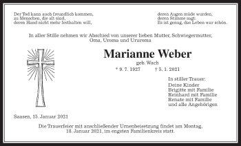 Traueranzeige von Marianne Weber von Giessener Allgemeine, Alsfelder Allgemeine