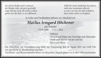 Traueranzeige von Marlies Irmgard Höchener von Licher Wochenblatt