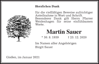 Traueranzeige von Martin Sauer von Giessener Allgemeine, Alsfelder Allgemeine
