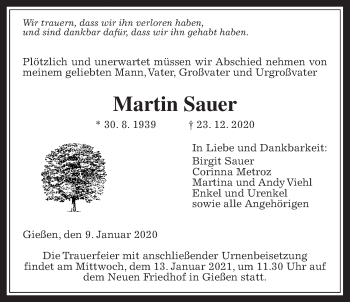 Traueranzeige von Martin Sauer von Giessener Allgemeine, Alsfelder Allgemeine