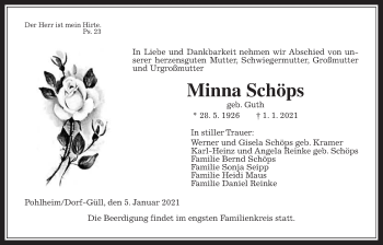 Traueranzeige von Minna Schöps von Giessener Allgemeine, Alsfelder Allgemeine