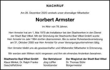 Traueranzeige von Norbert Armster von Bad Vilbel/Karben