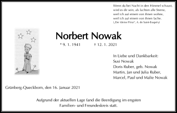 Traueranzeige von Norbert Nowak von Giessener Allgemeine, Alsfelder Allgemeine
