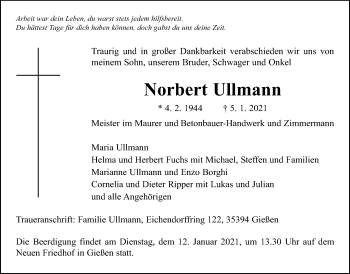 Traueranzeige von Norbert Ullmann von Giessener Allgemeine, Alsfelder Allgemeine