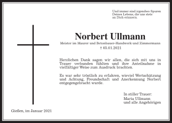 Traueranzeige von Norbert Ullmann von Giessener Allgemeine, Alsfelder Allgemeine