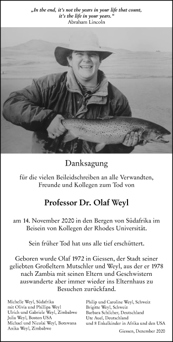 Traueranzeige von Olaf Weyl von Giessener Allgemeine, Alsfelder Allgemeine