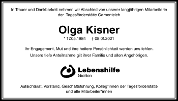 Traueranzeige von Olga Kisner von Giessener Allgemeine, Alsfelder Allgemeine