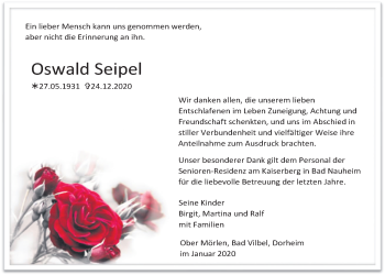 Traueranzeige von Oswald Seipel von Wetterauer Zeitung