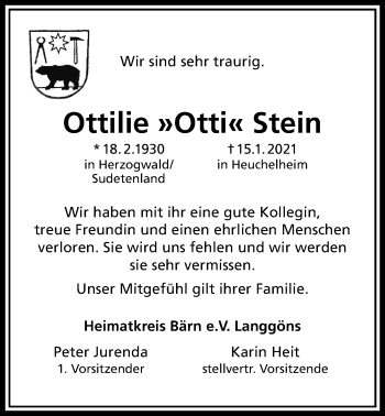 Traueranzeige von Ottilie Stein von Giessener Allgemeine, Alsfelder Allgemeine