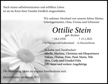 Traueranzeige von Ottilie Stein von Giessener Allgemeine, Alsfelder Allgemeine