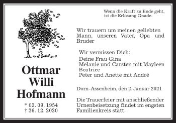 Traueranzeige von Ottmar Willi Hofmann von Wetterauer Zeitung