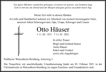 Traueranzeige von Otto Häuser von Giessener Allgemeine, Alsfelder Allgemeine