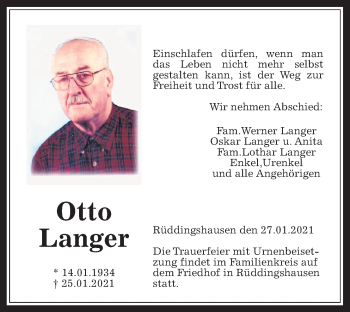 Traueranzeige von Otto Langer von Giessener Allgemeine, Alsfelder Allgemeine