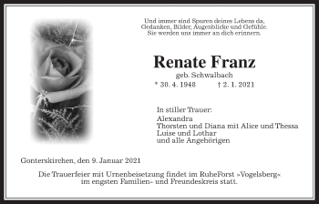 Traueranzeige von Renate Franz von Giessener Allgemeine, Alsfelder Allgemeine