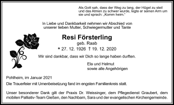 Traueranzeige von Resi Försterling von Licher Wochenblatt
