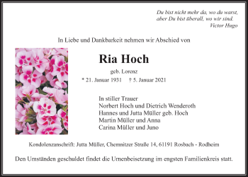 Traueranzeige von Ria Hoch von Wetterauer Zeitung