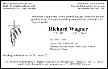 Traueranzeige von Richard Wagner von Giessener Allgemeine, Alsfelder Allgemeine