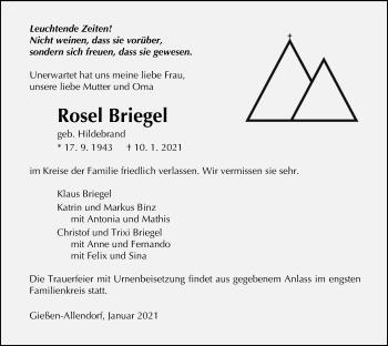 Traueranzeige von Rosel Briegel von Giessener Allgemeine, Alsfelder Allgemeine