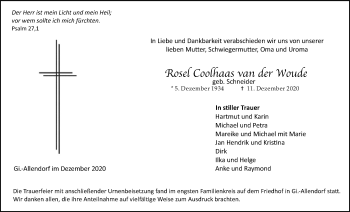Traueranzeige von Rosel Coolhaas van der Woude von Giessener Allgemeine, Alsfelder Allgemeine