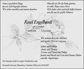 Traueranzeige von Rosel Engelhardt von Giessener Allgemeine, Alsfelder Allgemeine