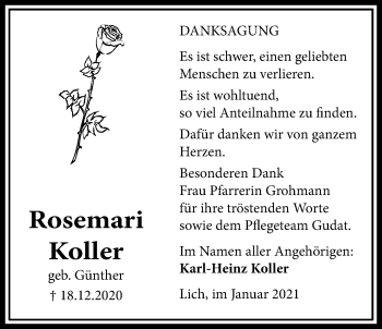 Traueranzeige von Rosemari Koller von Licher Wochenblatt