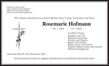 Traueranzeige von Rosemarie Hofmann von Giessener Allgemeine, Alsfelder Allgemeine