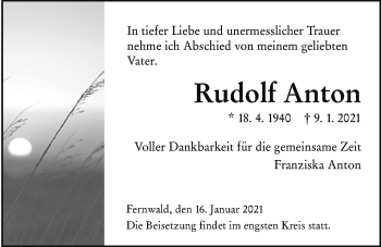 Traueranzeige von Rudolf Anton von Giessener Allgemeine, Alsfelder Allgemeine