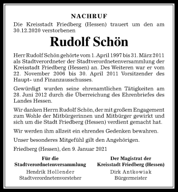 Traueranzeige von Rudolf Schön von Wetterauer Zeitung